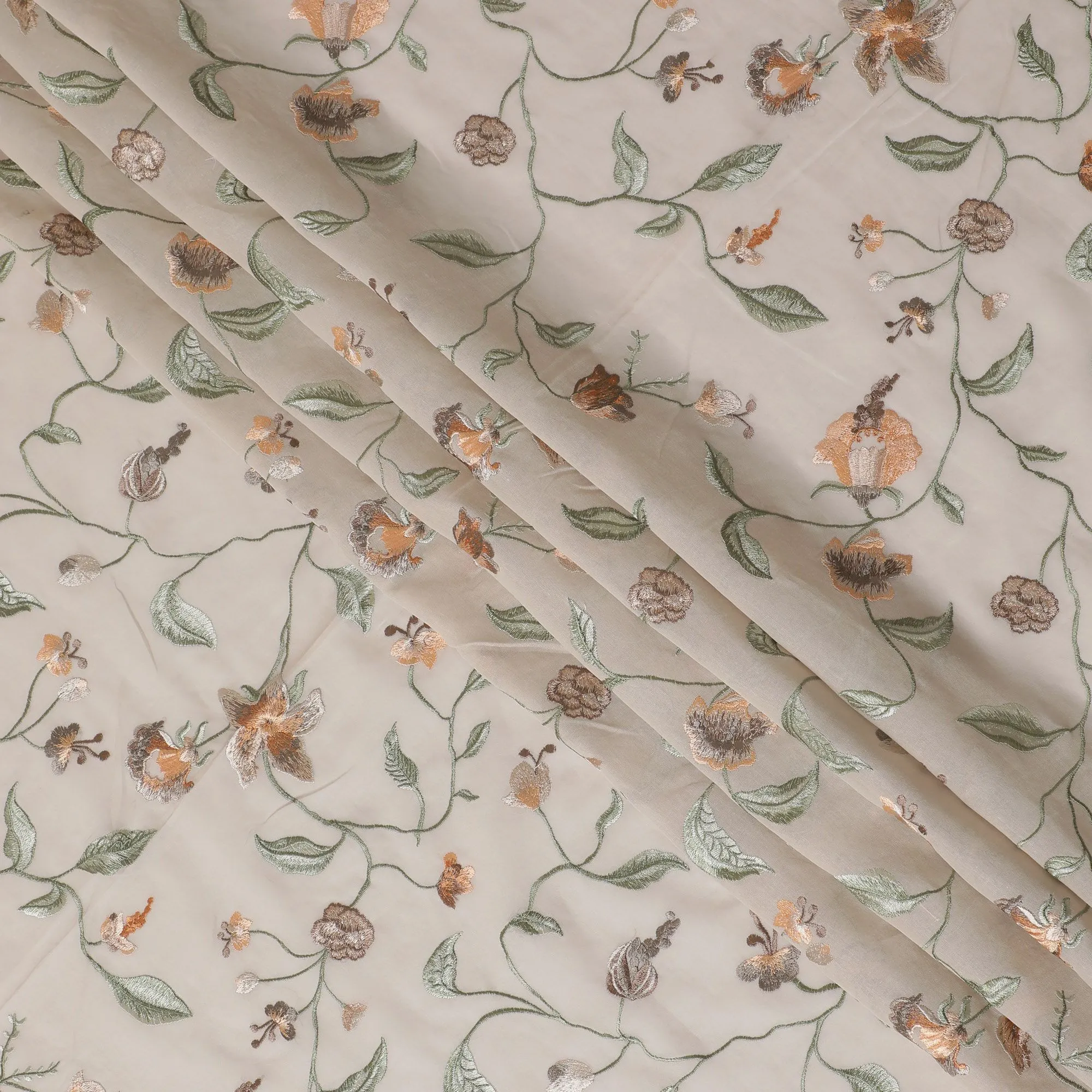 Beige Premium pure cotton voile fabric with multicolor embroidery in floral design-D16975