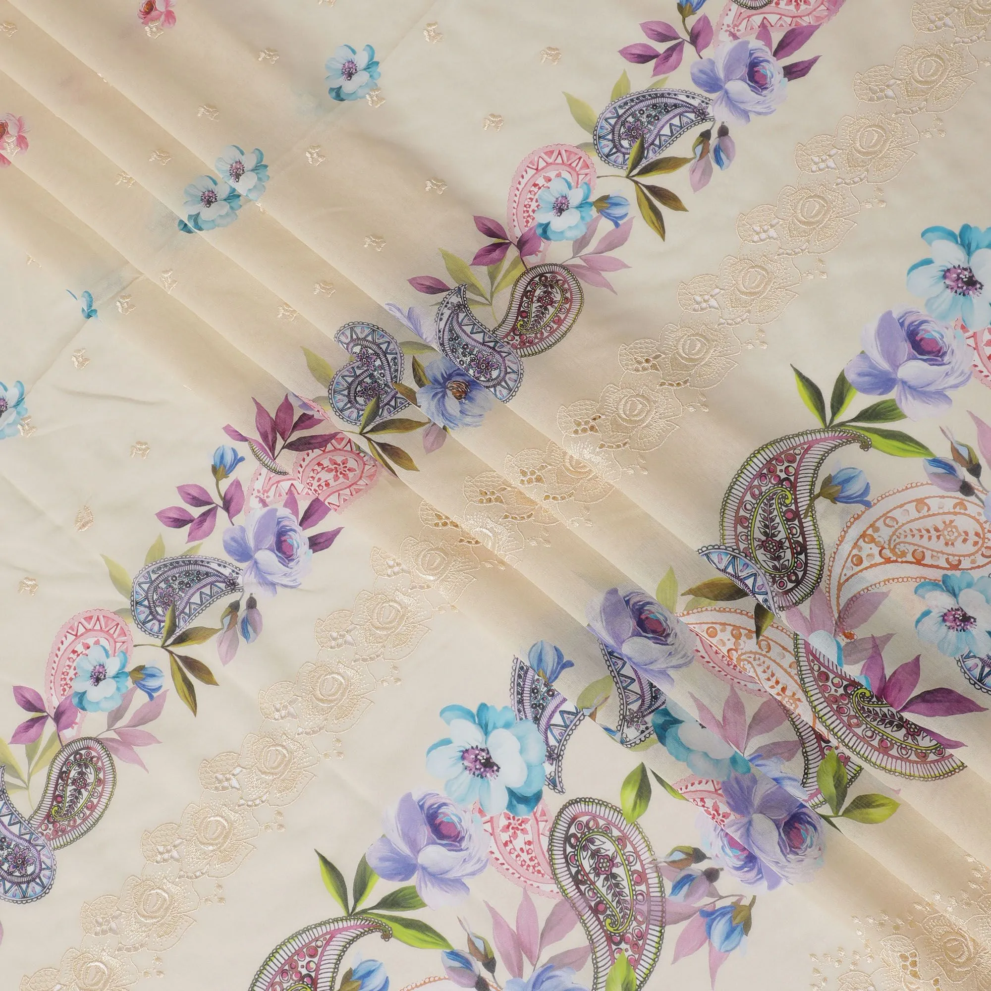 Beige Premium pure Swiss cotton voile fabric with multicolor print having same tone embroidery in floral design-D16985