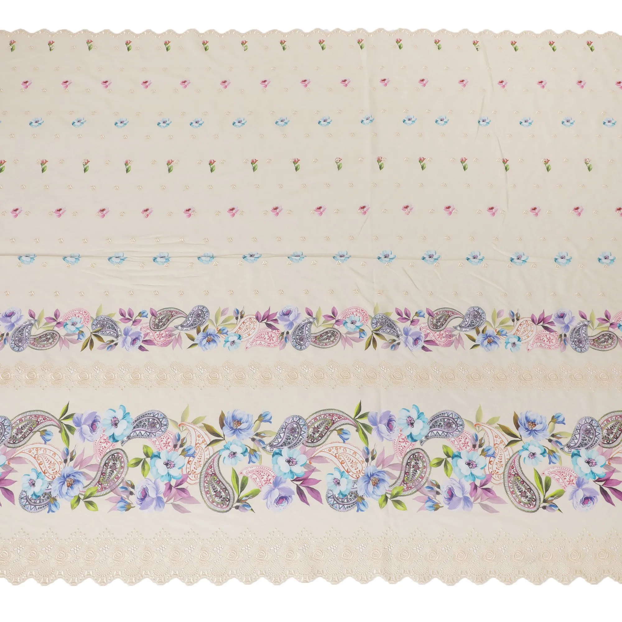 Beige Premium pure Swiss cotton voile fabric with multicolor print having same tone embroidery in floral design-D16985