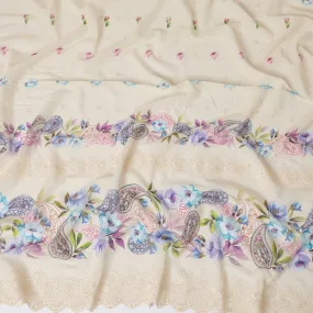 Beige Premium pure Swiss cotton voile fabric with multicolor print having same tone embroidery in floral design-D16985