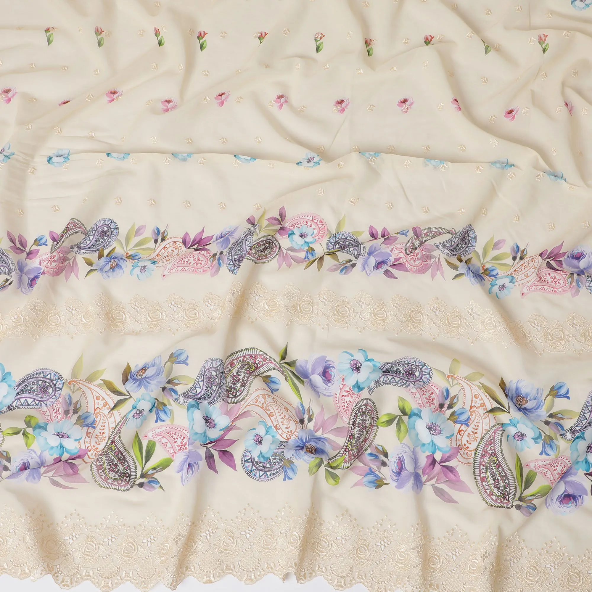 Beige Premium pure Swiss cotton voile fabric with multicolor print having same tone embroidery in floral design-D16985