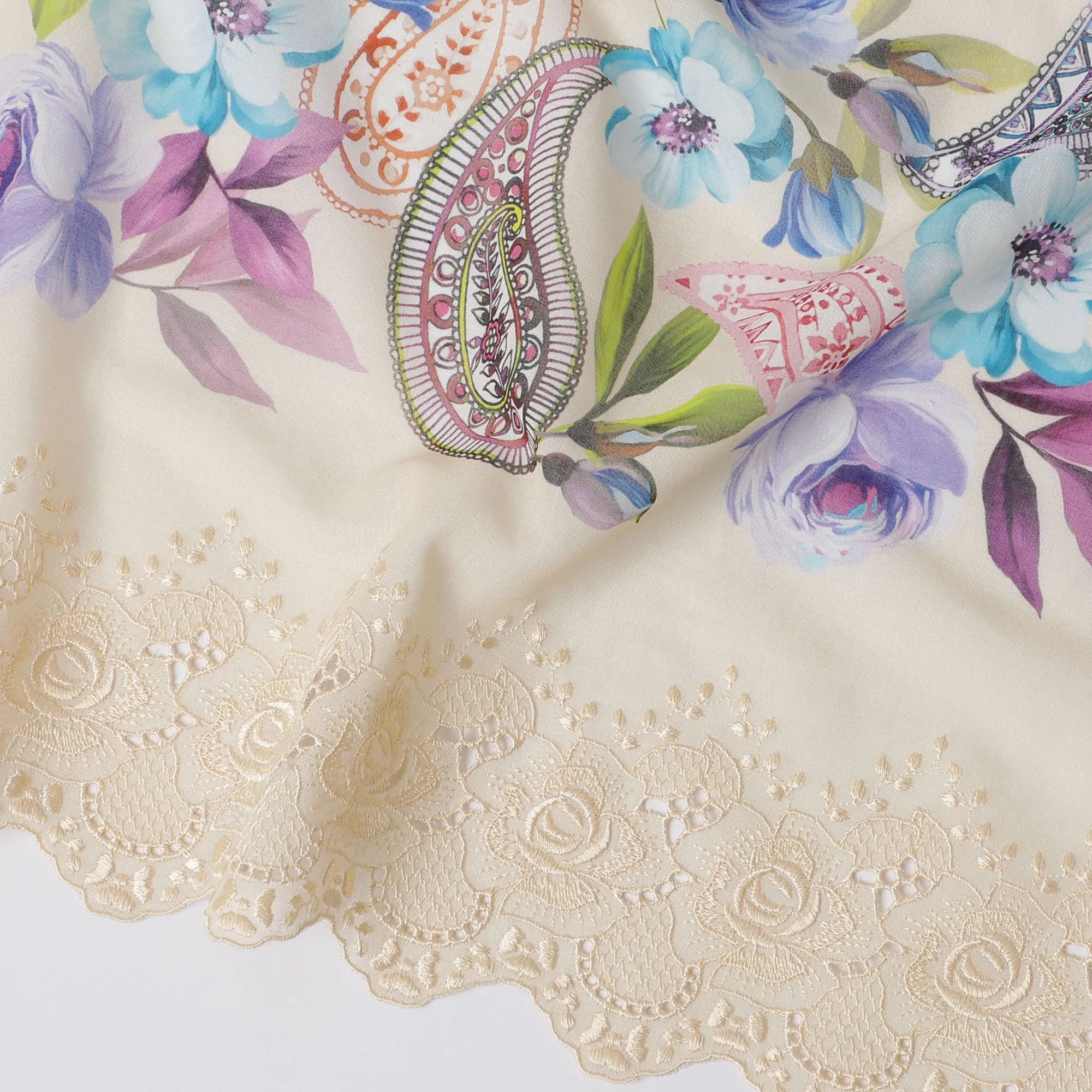 Beige Premium pure Swiss cotton voile fabric with multicolor print having same tone embroidery in floral design-D16985