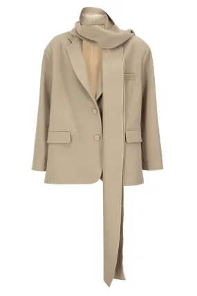 BEIGE TEXTURED SCARF DETAILED BLAZER JACKET