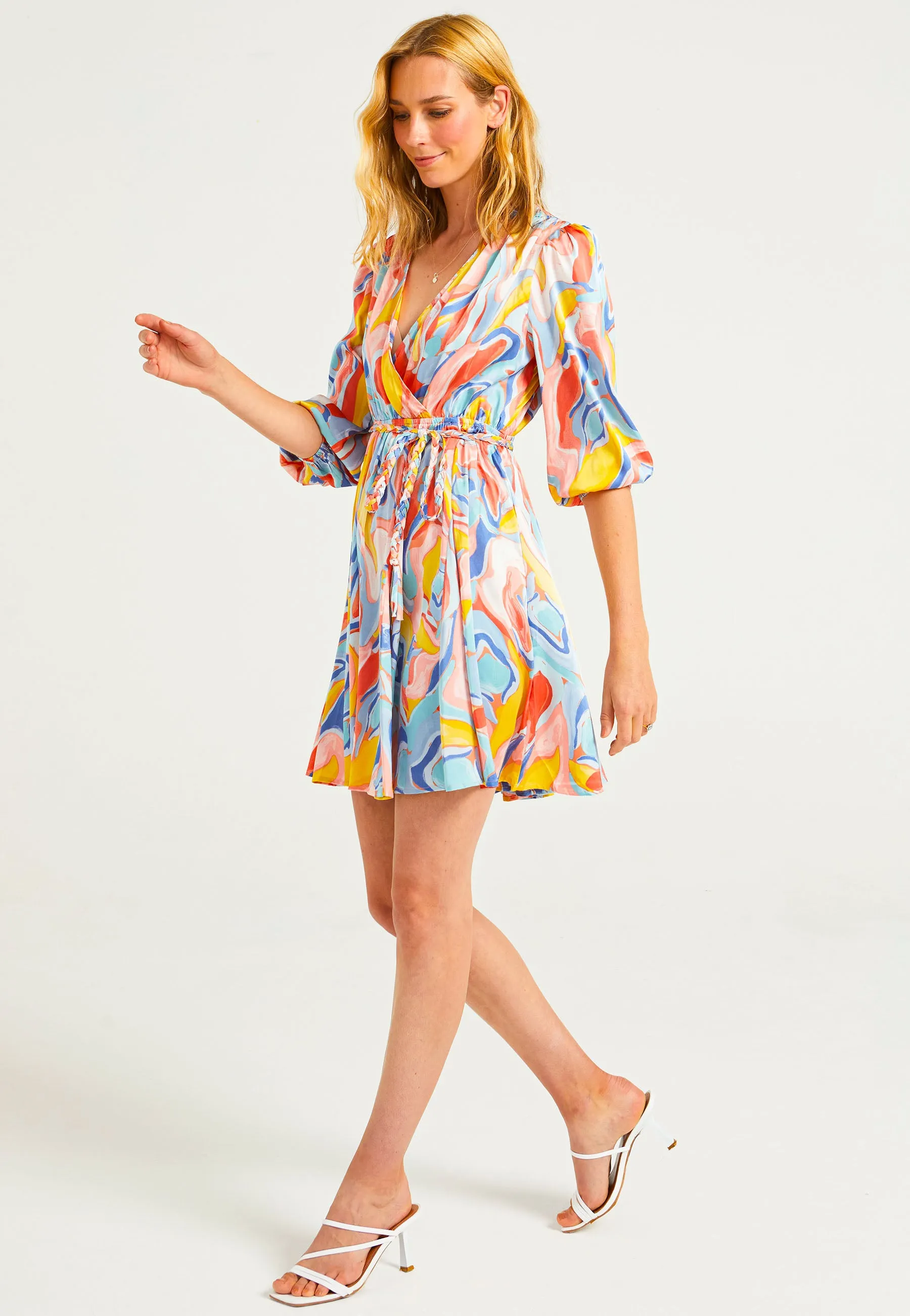 Belted Mini Dress in Abstract Multi Print