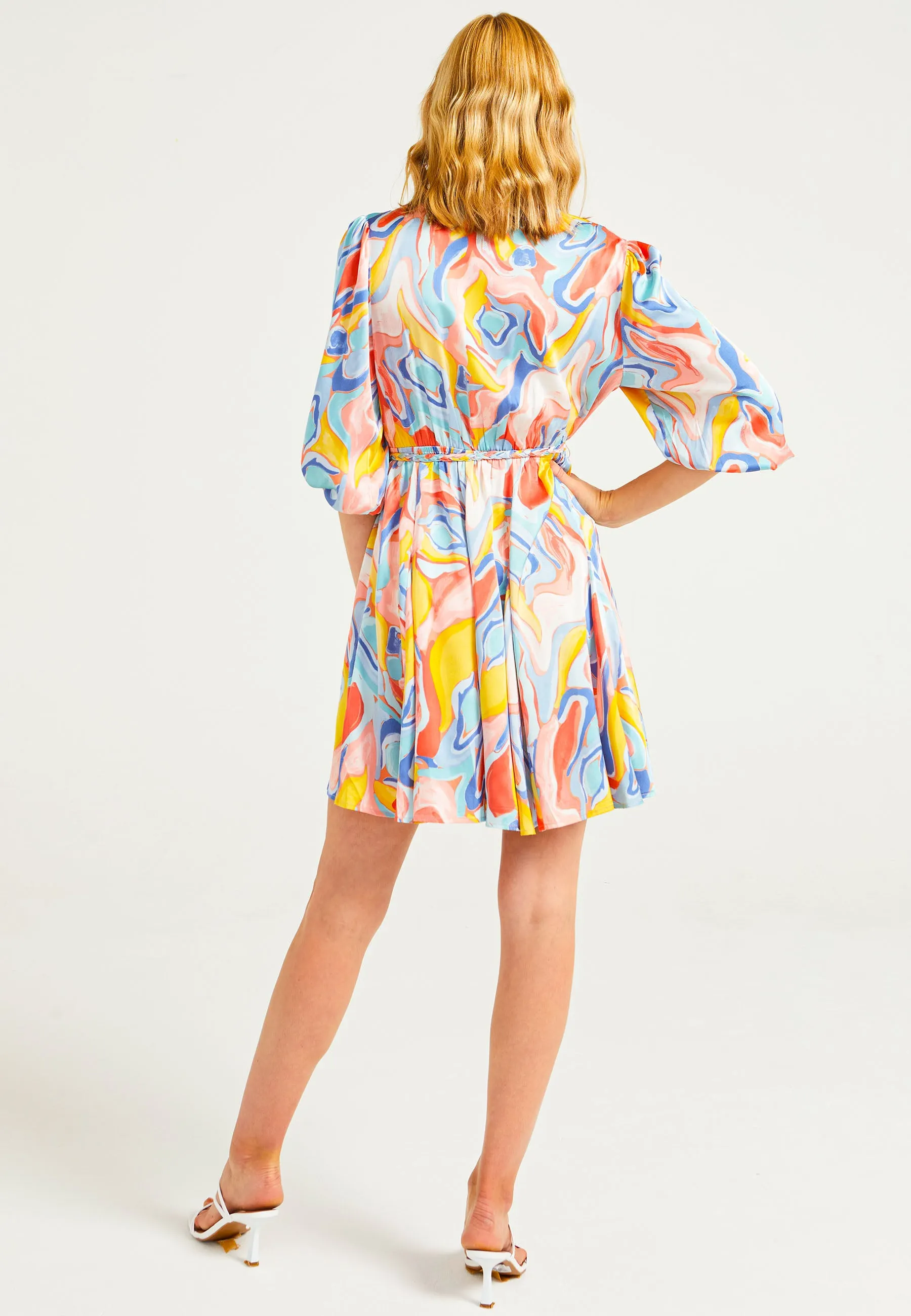 Belted Mini Dress in Abstract Multi Print