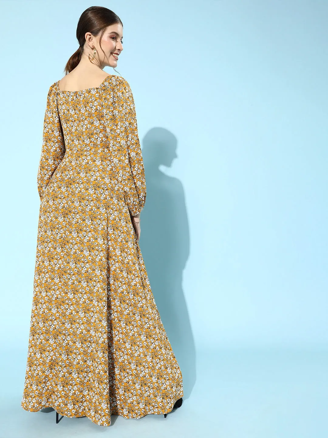 Berrylush Women Mustard Yellow Floral Side Slit A-Line Maxi Dress