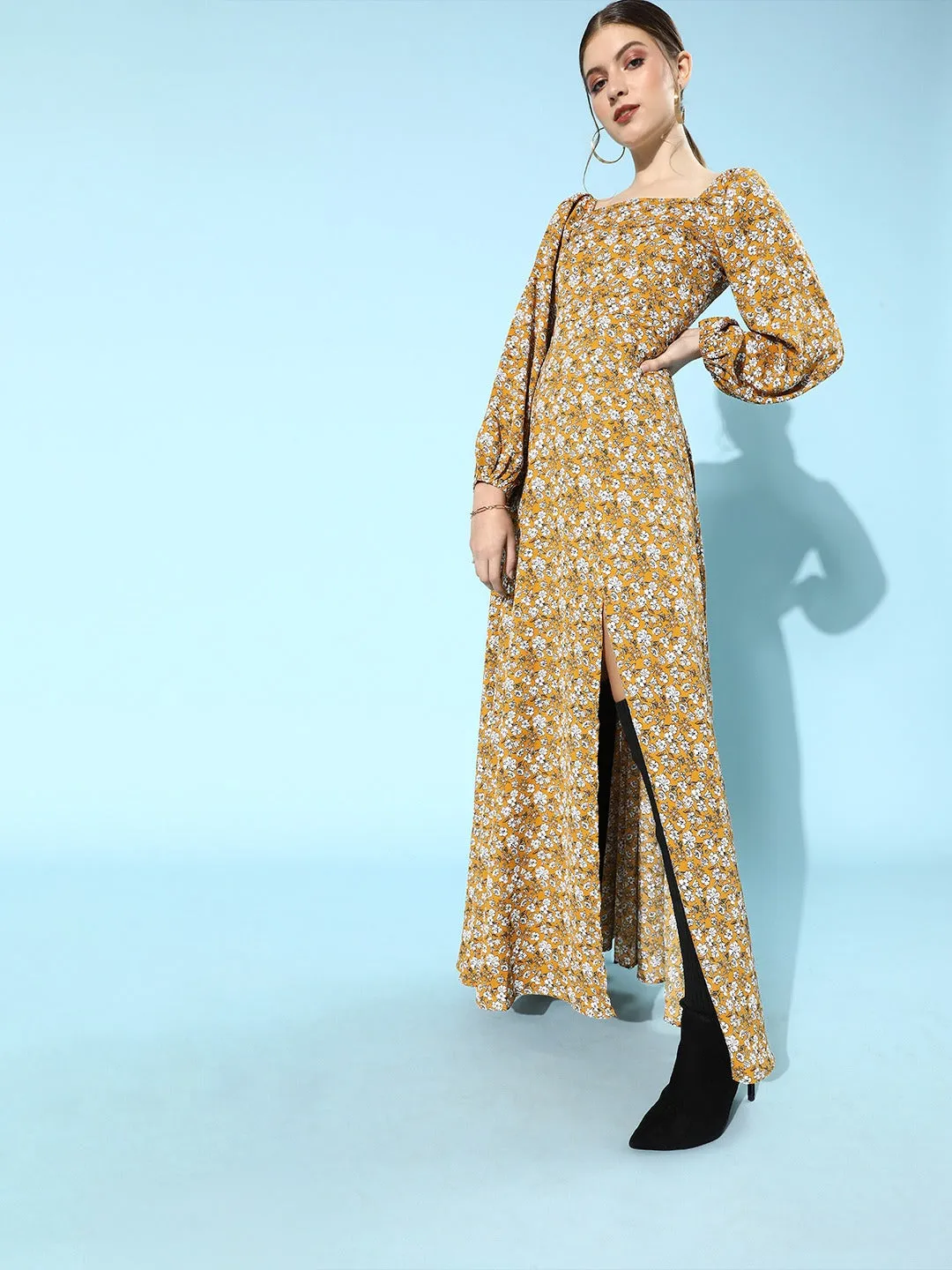 Berrylush Women Mustard Yellow Floral Side Slit A-Line Maxi Dress