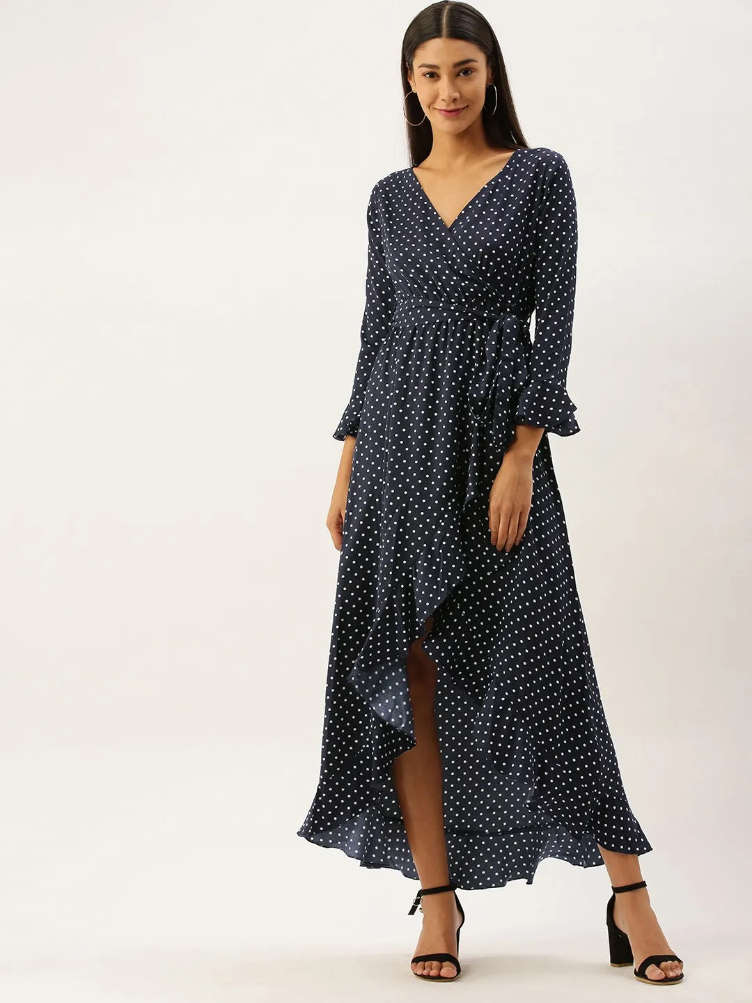 Berrylush Women Navy Blue Polka Dot Wrap Maxi Dress