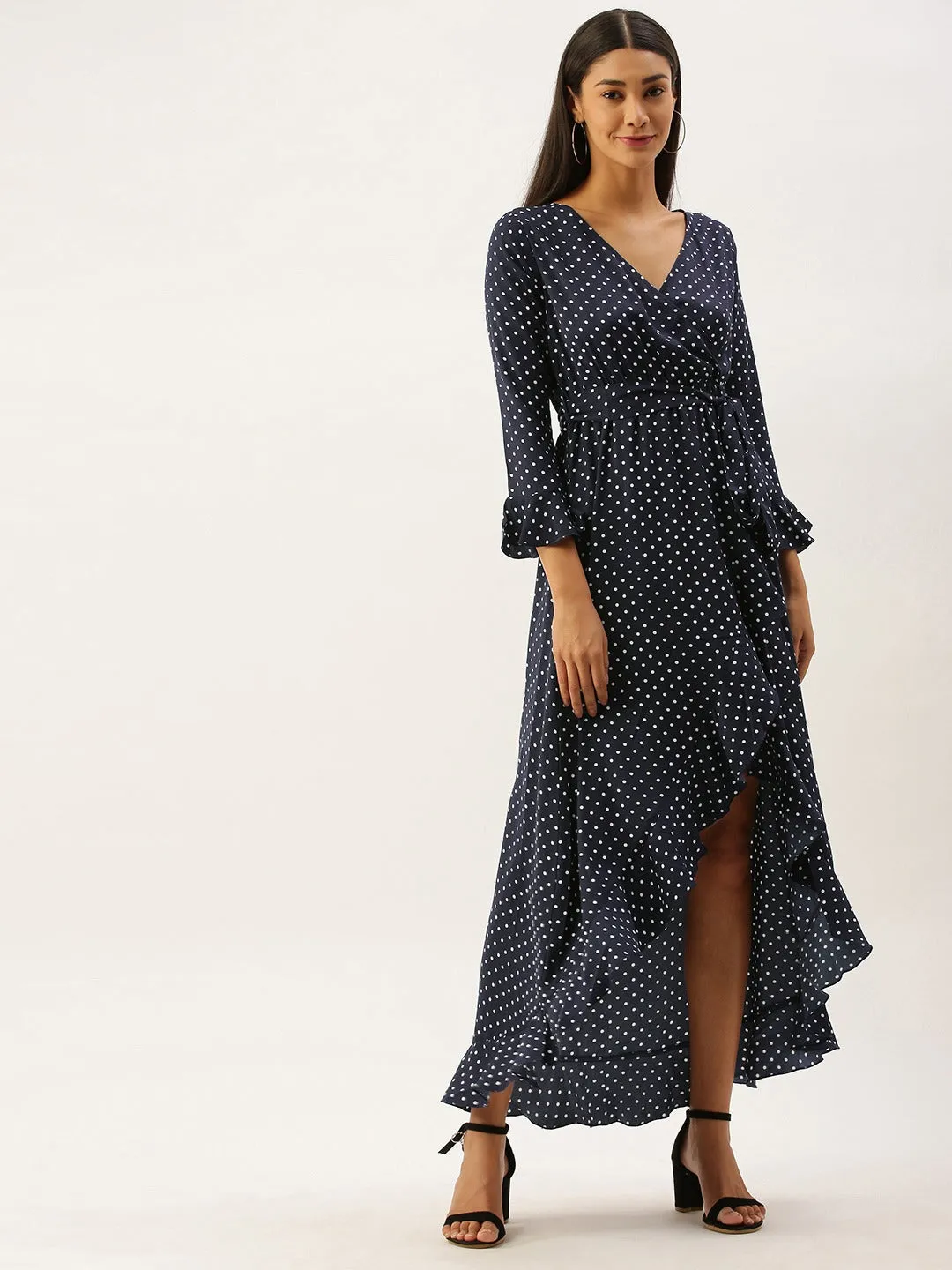 Berrylush Women Navy Blue Polka Dot Wrap Maxi Dress