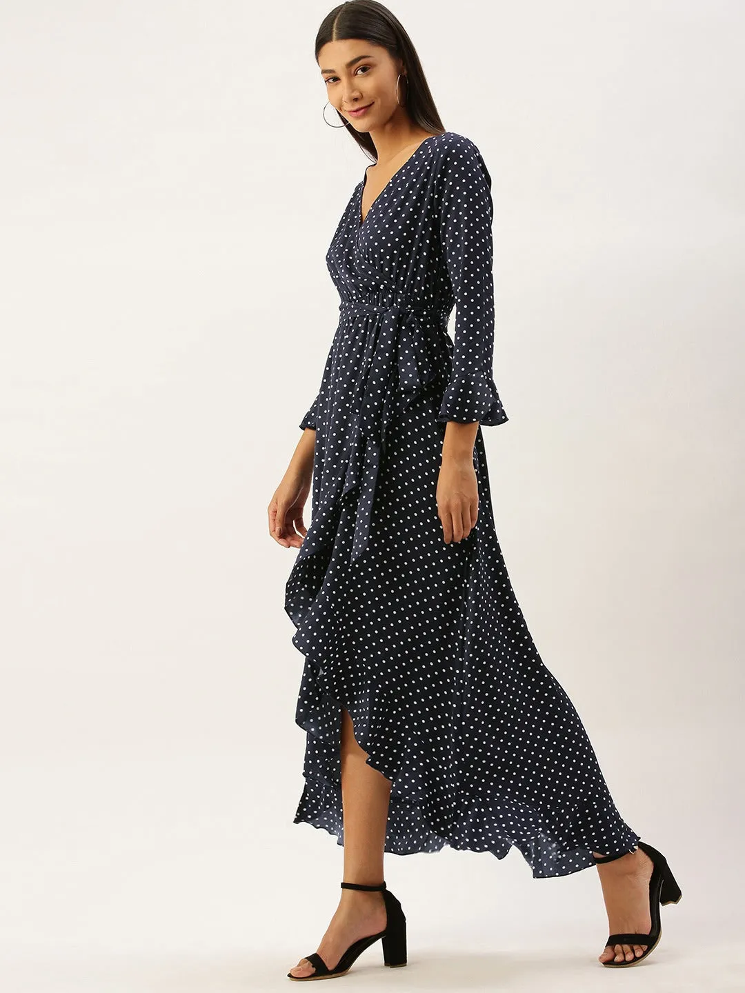 Berrylush Women Navy Blue Polka Dot Wrap Maxi Dress