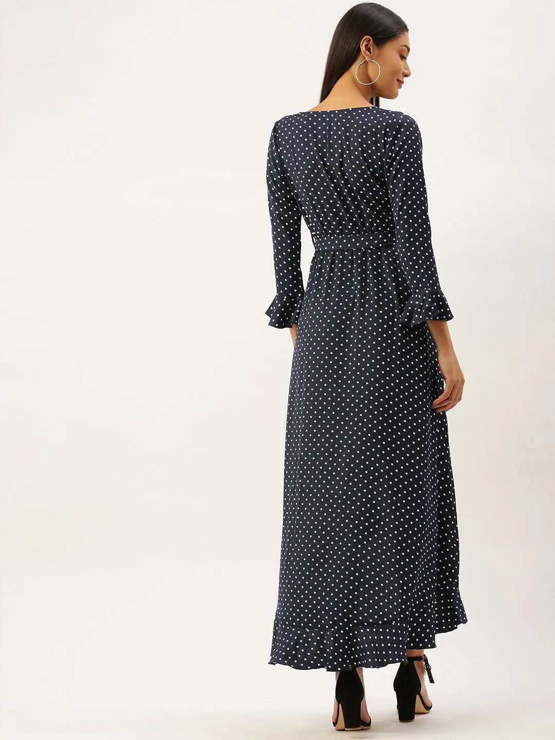 Berrylush Women Navy Blue Polka Dot Wrap Maxi Dress