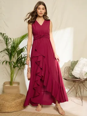 Berrylush Women Red Solid V-Neck Sleeveless High Low A-Line Maxi Dress