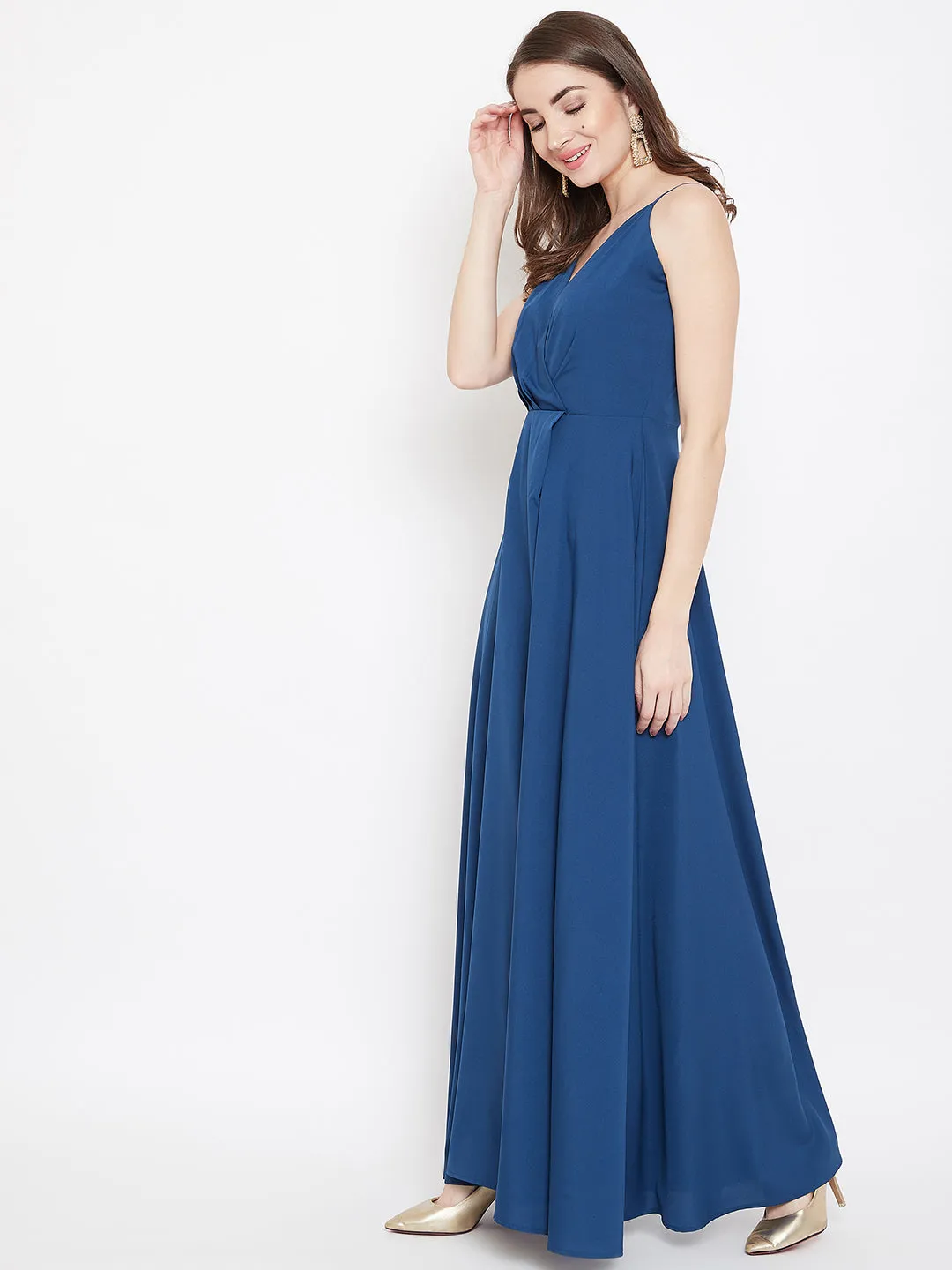 Berrylush Women Solid Blue V-Neck Sleeveless Crepe Thigh-High Slit A-Line Maxi Dress