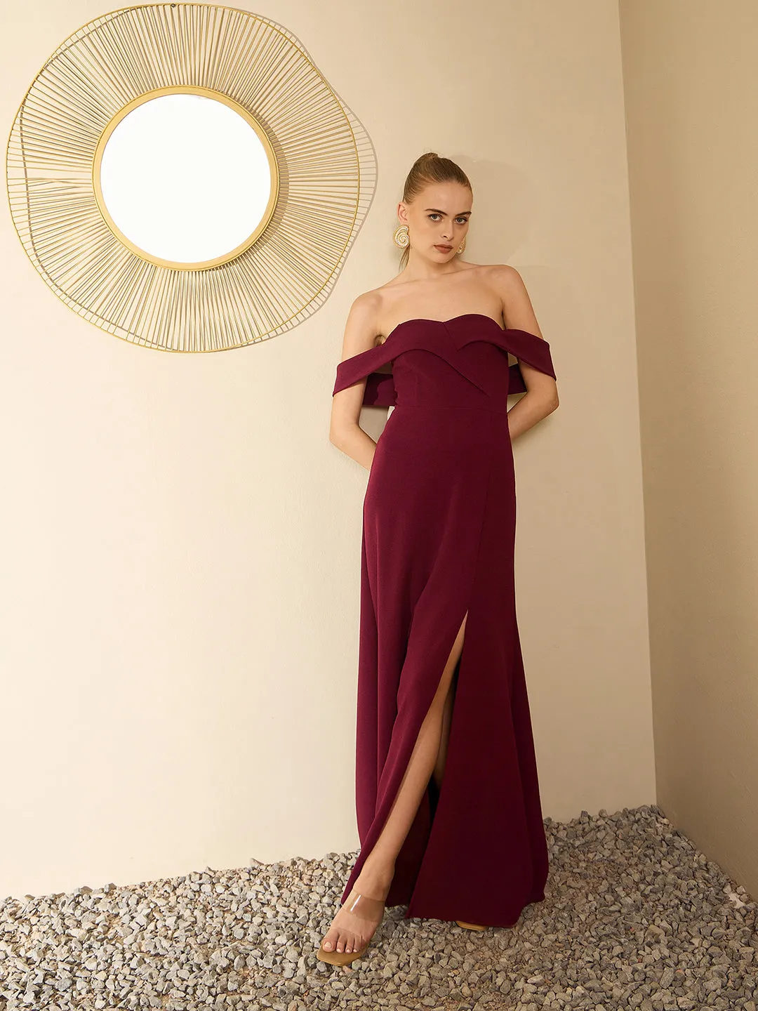 Berrylush Women Solid Maroon Off-Shoulder Neck Sleeveless Flap Front Thigh-High Slit Flared A-Line Maxi Dress