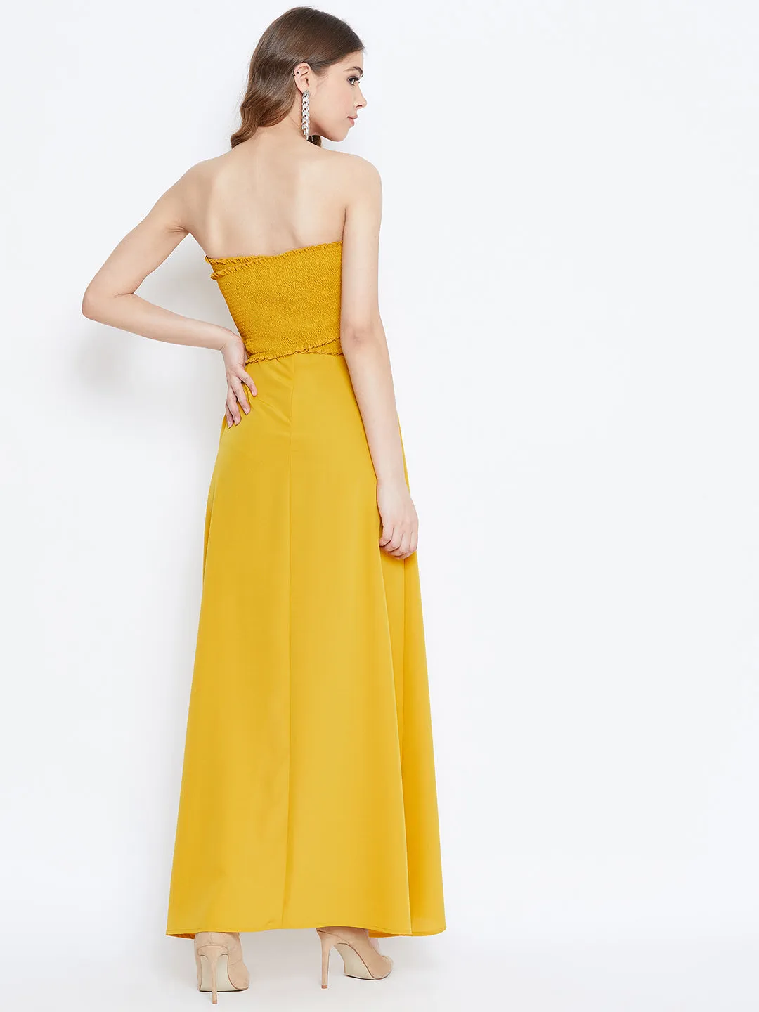 Berrylush Women Solid Mustard Yellow Strapless-Neck Smocked Fit & Flare Maxi Dress