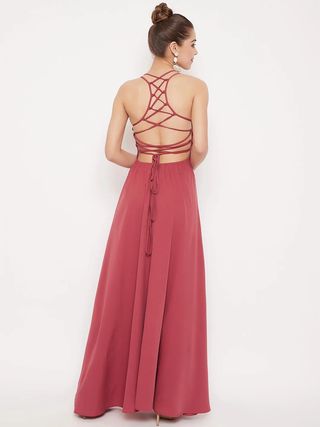 Berrylush Women Solid Pink Caged Back Halter Neck Maxi Dress