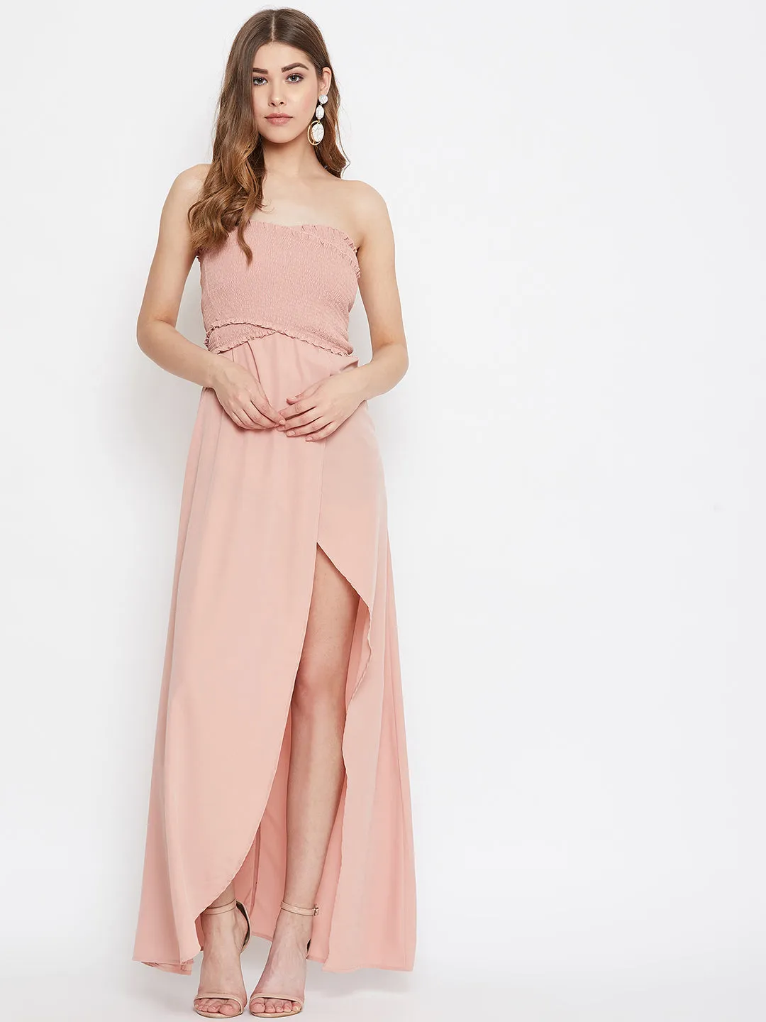 Berrylush Women Solid Pink Strapless-Neck Smocked Fit & Flare Maxi Dress