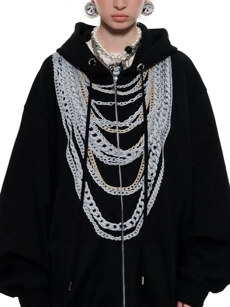 Black & White Oversized Chain Print Hoodie Cardigan