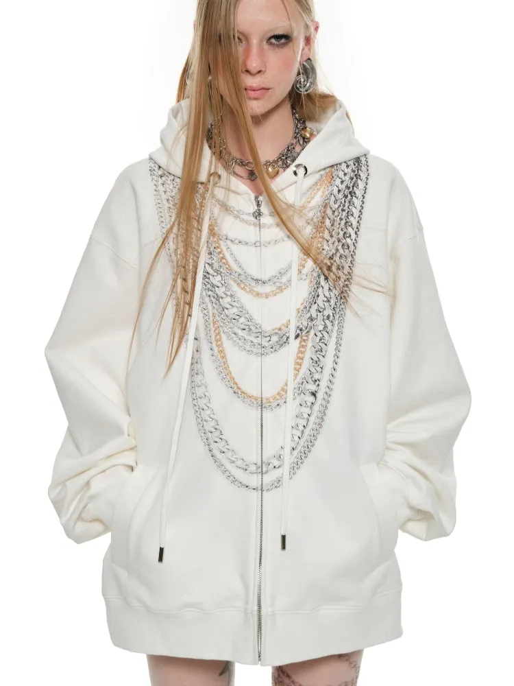 Black & White Oversized Chain Print Hoodie Cardigan