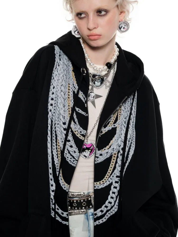 Black & White Oversized Chain Print Hoodie Cardigan