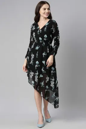 Black Polyester Floral Printed Midi Dress