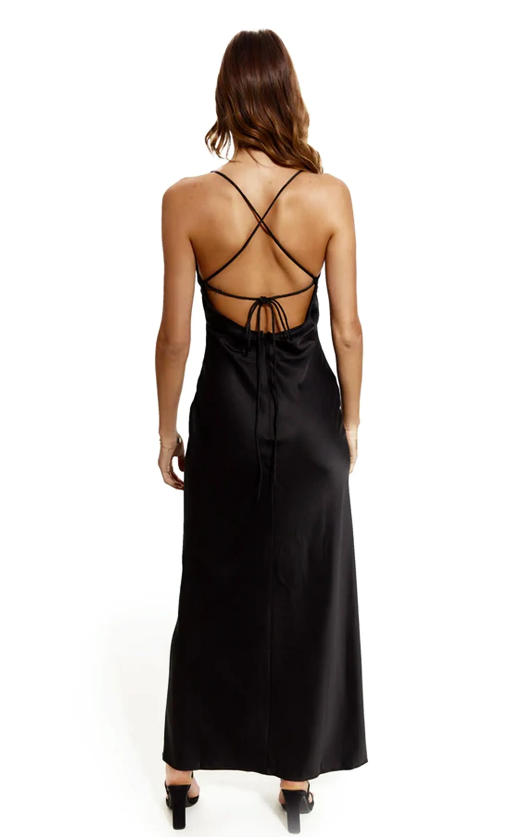 Black Satin Tie Back Maxi Dress