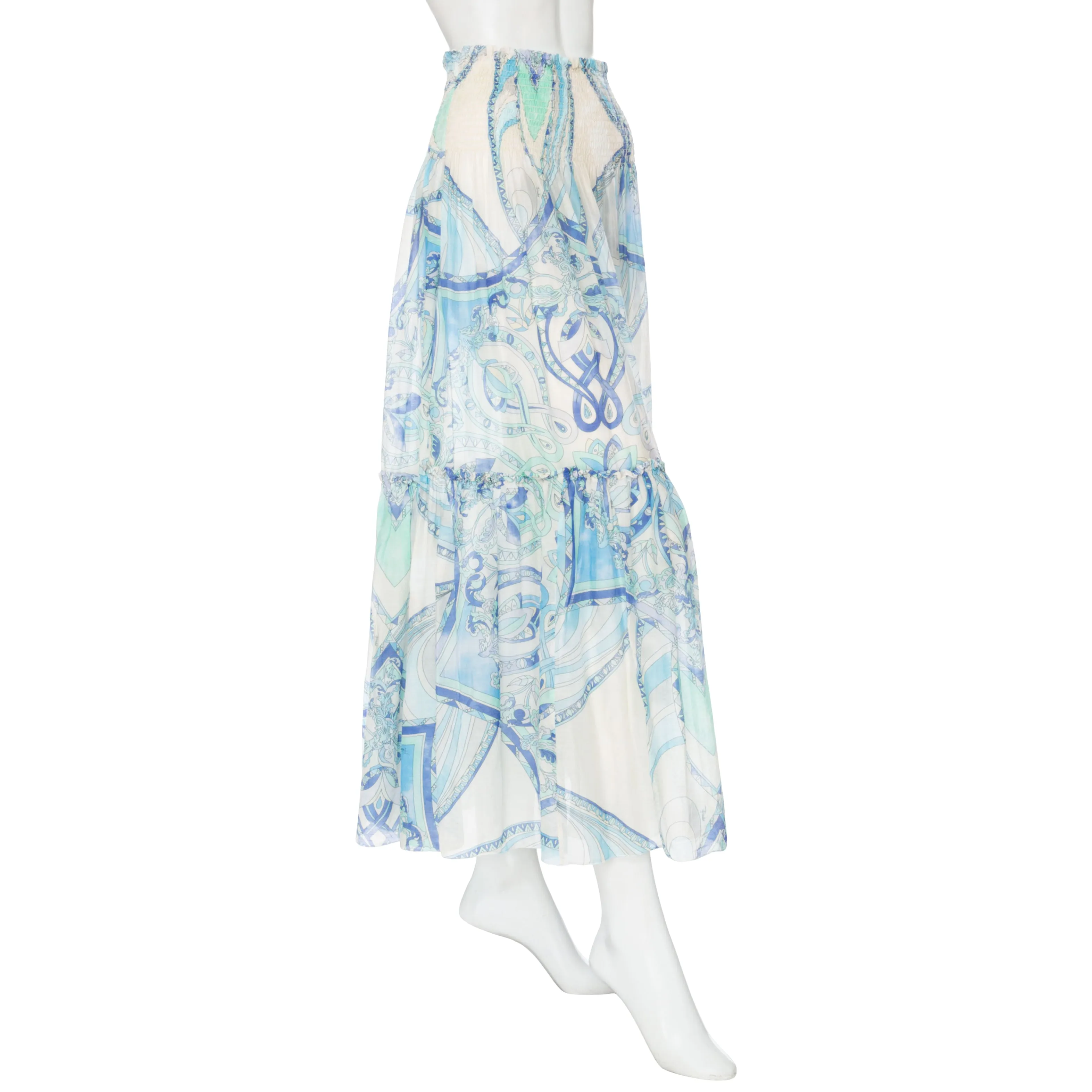 Blue and White Cotton-Silk Printed Convertible Skirt Dress