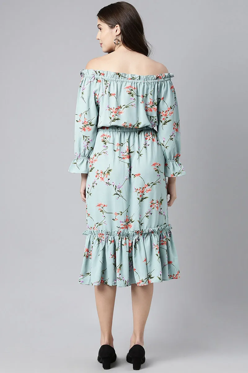 Blue Crepe Floral Print Off-Shoulder Midi Dress