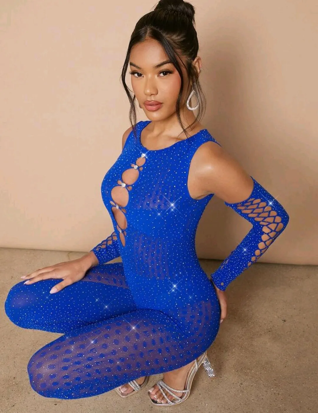 Blue Sparkle Hollow Out Jumpsuit Bodystocking