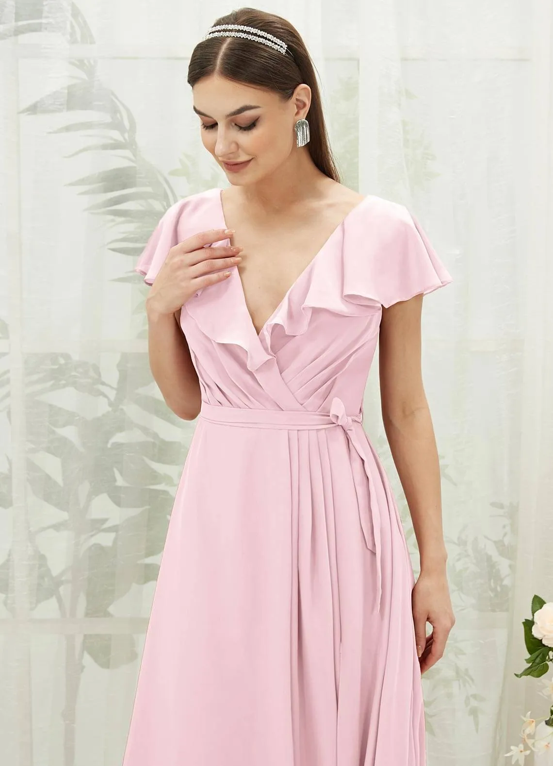 Blush Chiffon Ruffle Sleeve V-Neck Slit Maxi Bridesmaid Dress