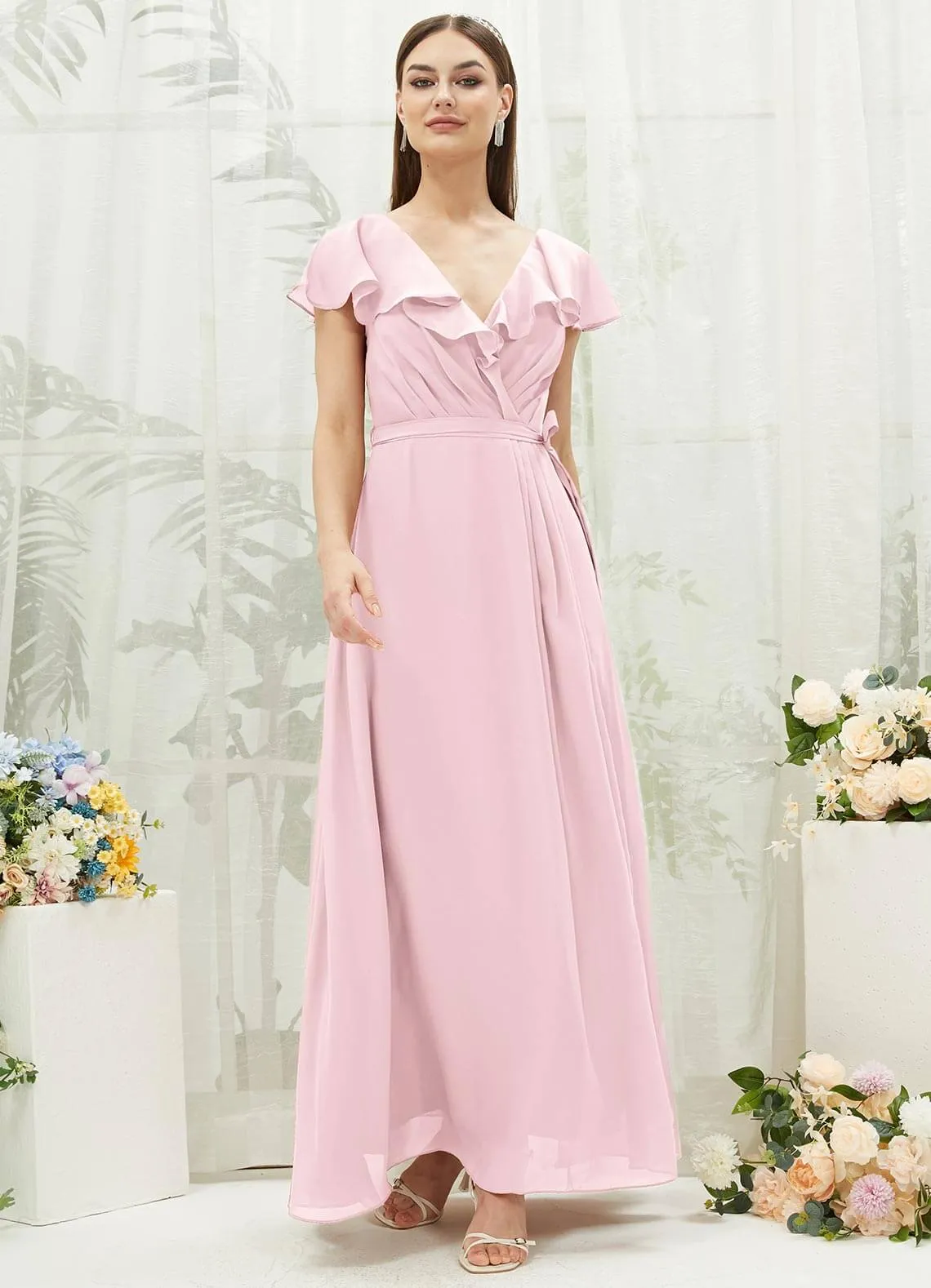 Blush Chiffon Ruffle Sleeve V-Neck Slit Maxi Bridesmaid Dress