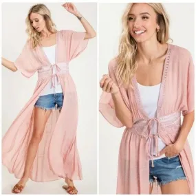 Blush Pink Crochet Boho Kimono Duster Short Sleeve Cardigan Wrap Womens