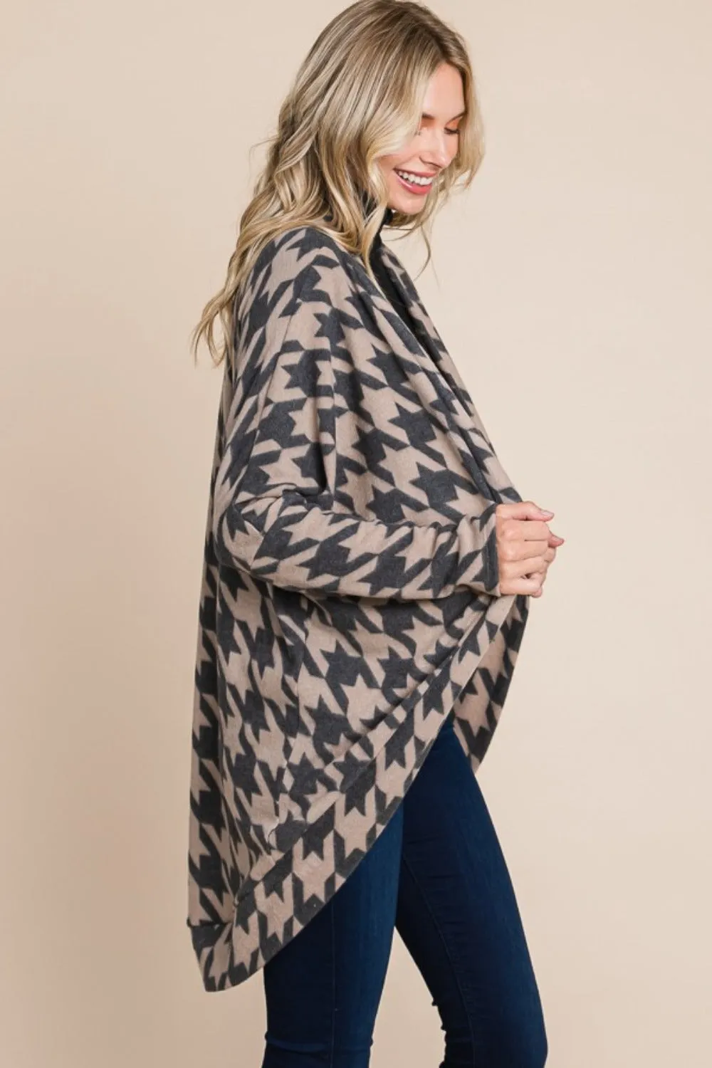 BOMBOM Houndstooth Open Front Cocoon Knit Cardigan