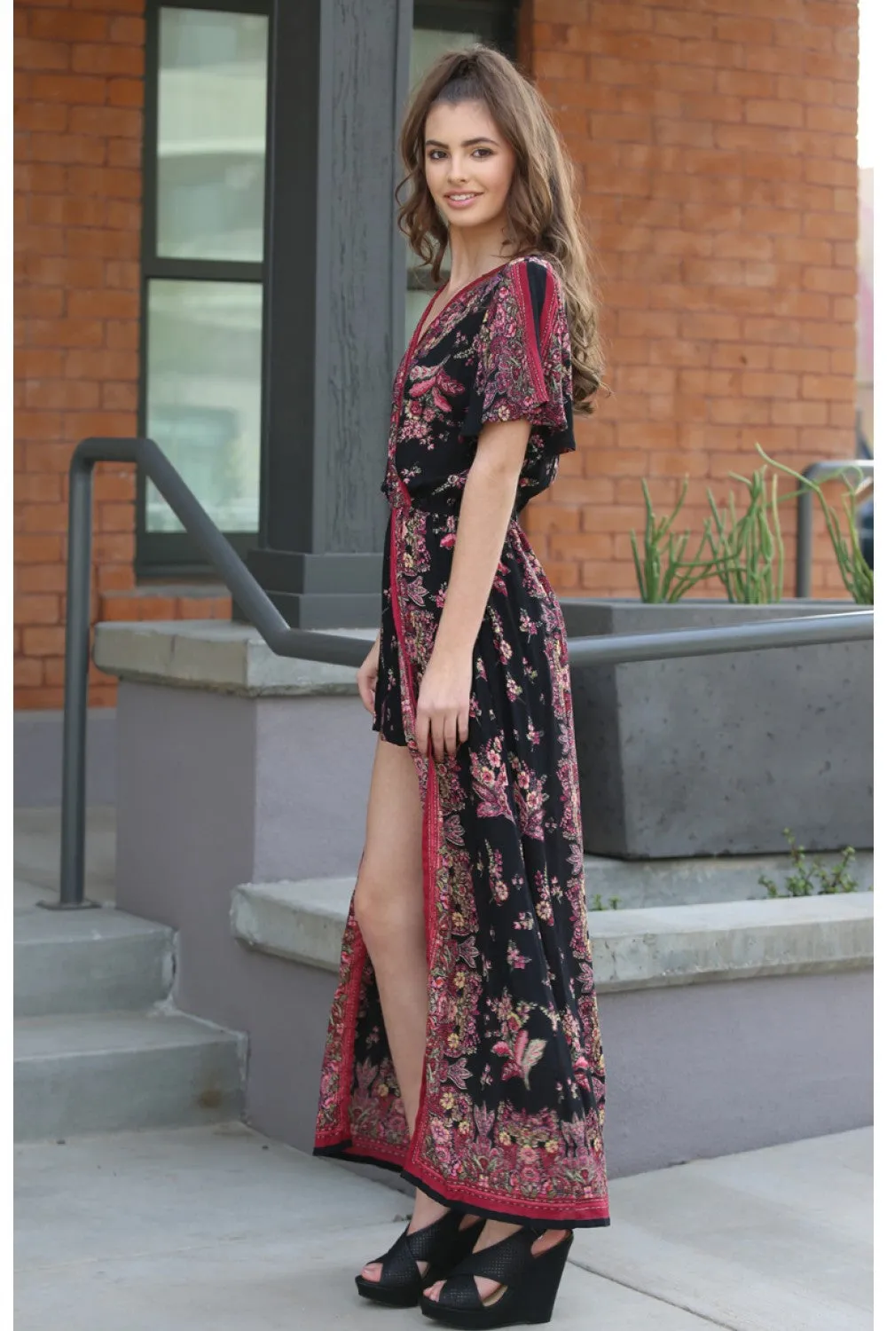 Border & Floral Print Maxi Romper, Black