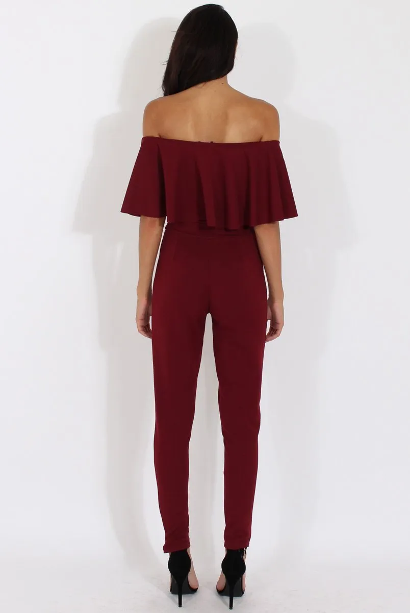 Burgundy Bardot Fitted Jumpsuit - Bridget