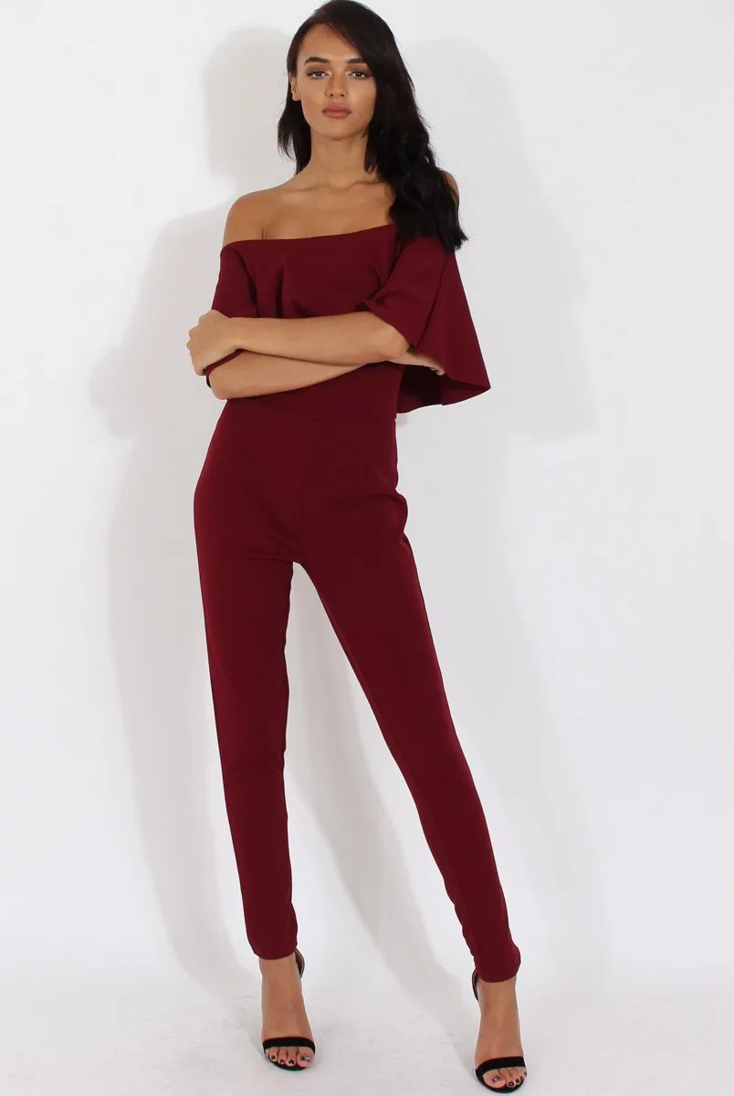 Burgundy Bardot Fitted Jumpsuit - Bridget