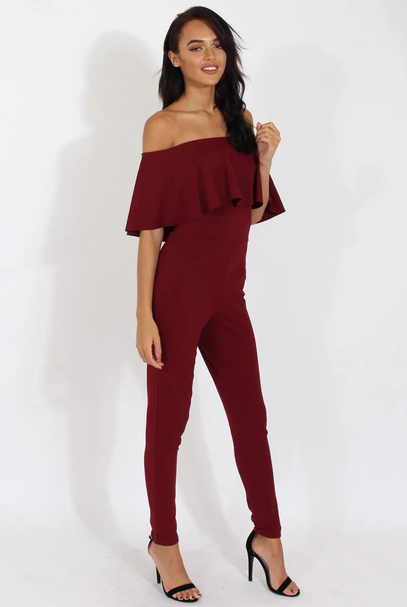 Burgundy Bardot Fitted Jumpsuit - Bridget