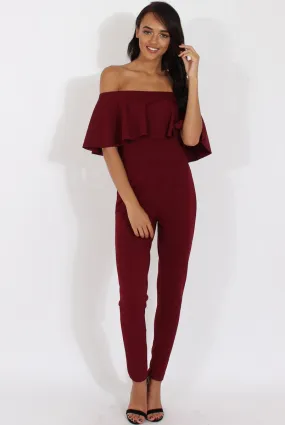 Burgundy Bardot Fitted Jumpsuit - Bridget