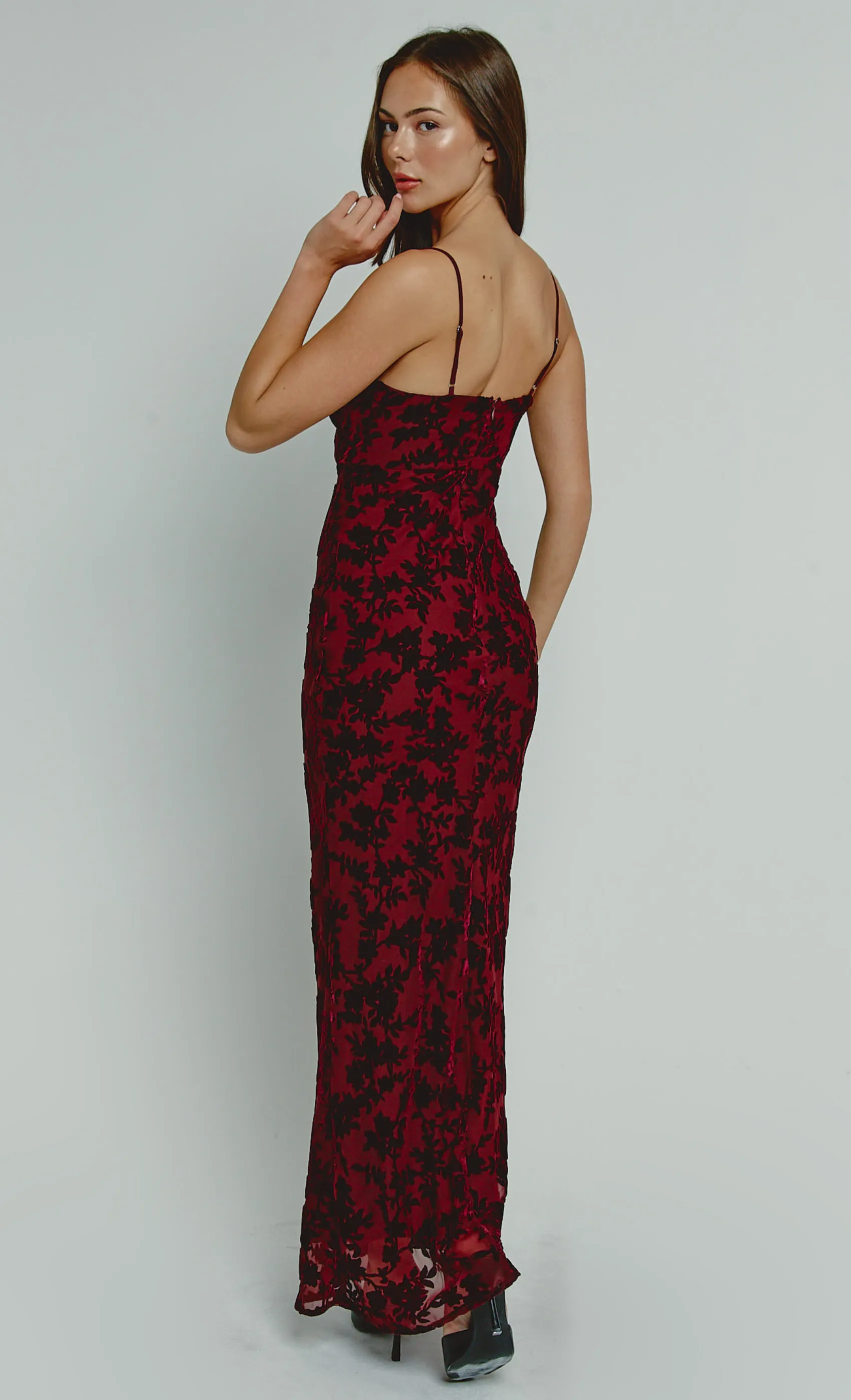 Burgundy Tie Front Devore Maxi Dress