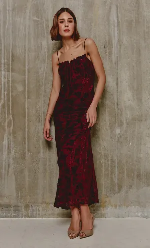 Burgundy Tie Front Devore Maxi Dress