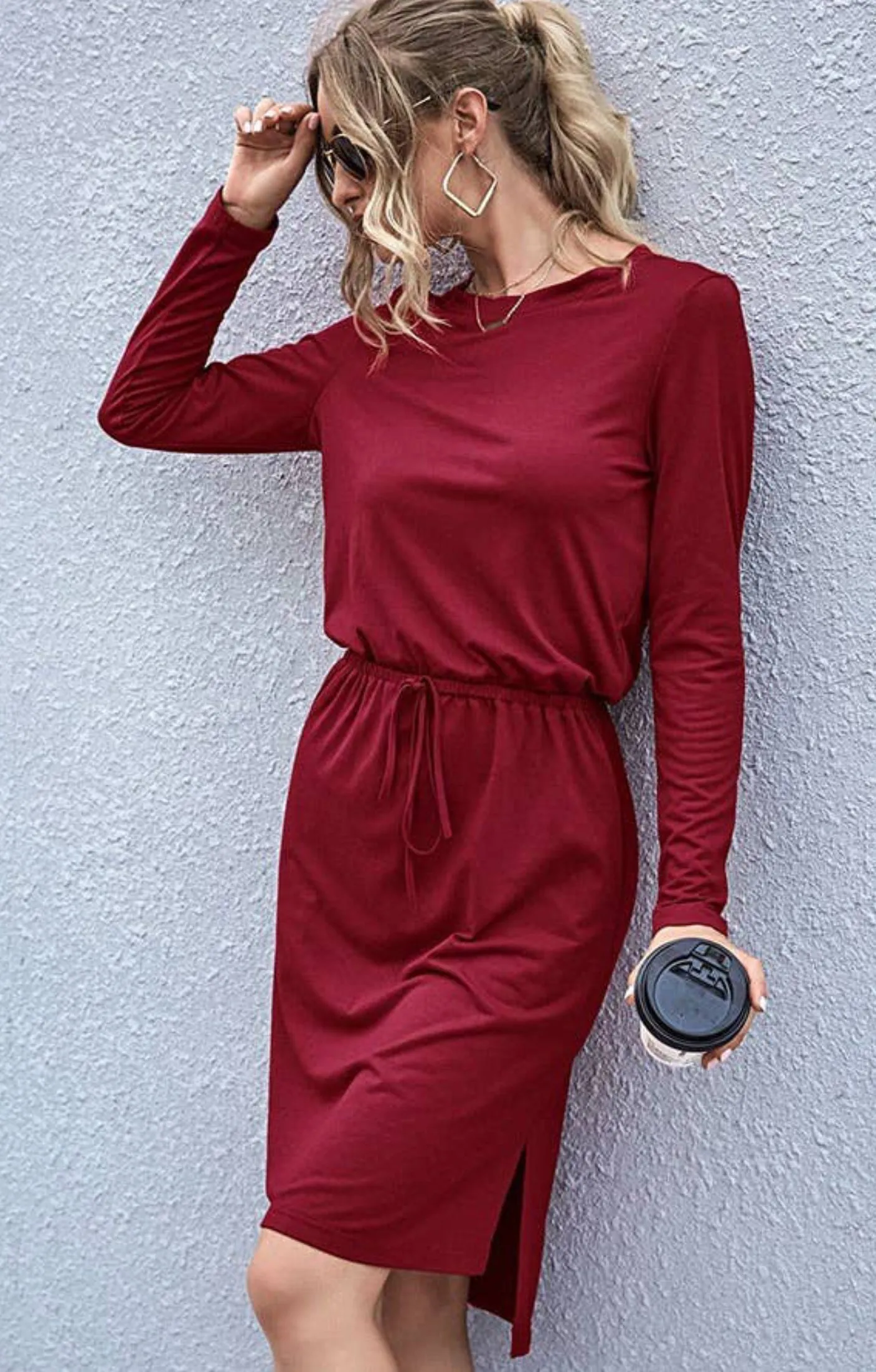 C D M Cranberry Drawstring Waist Dress