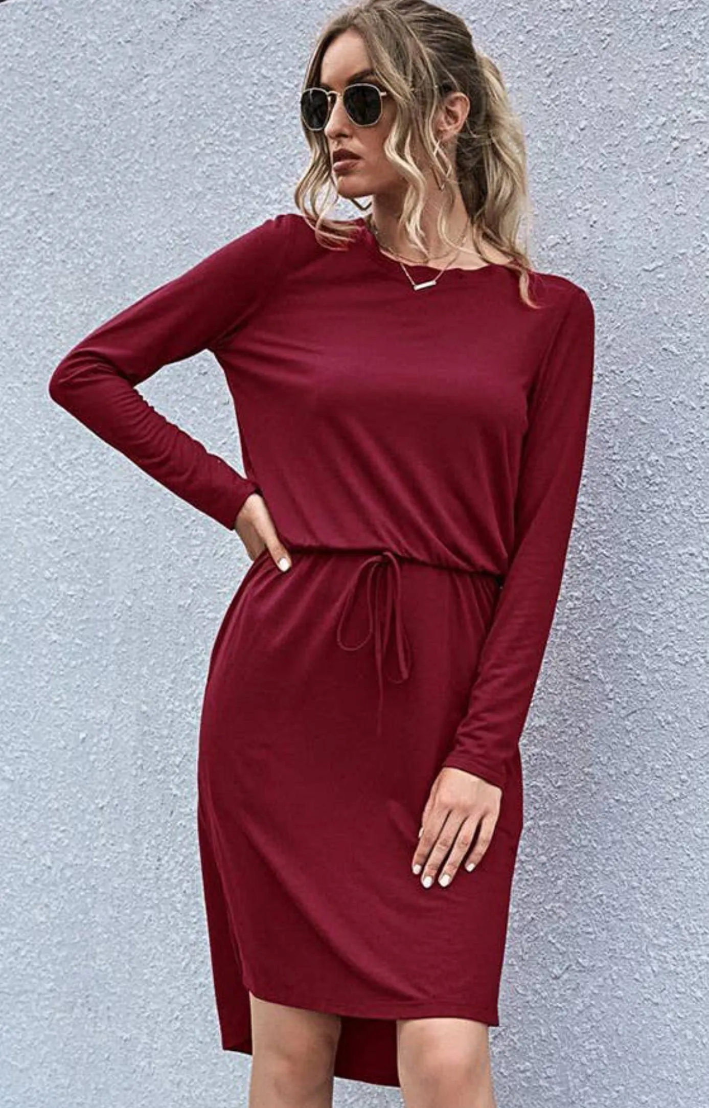 C D M Cranberry Drawstring Waist Dress