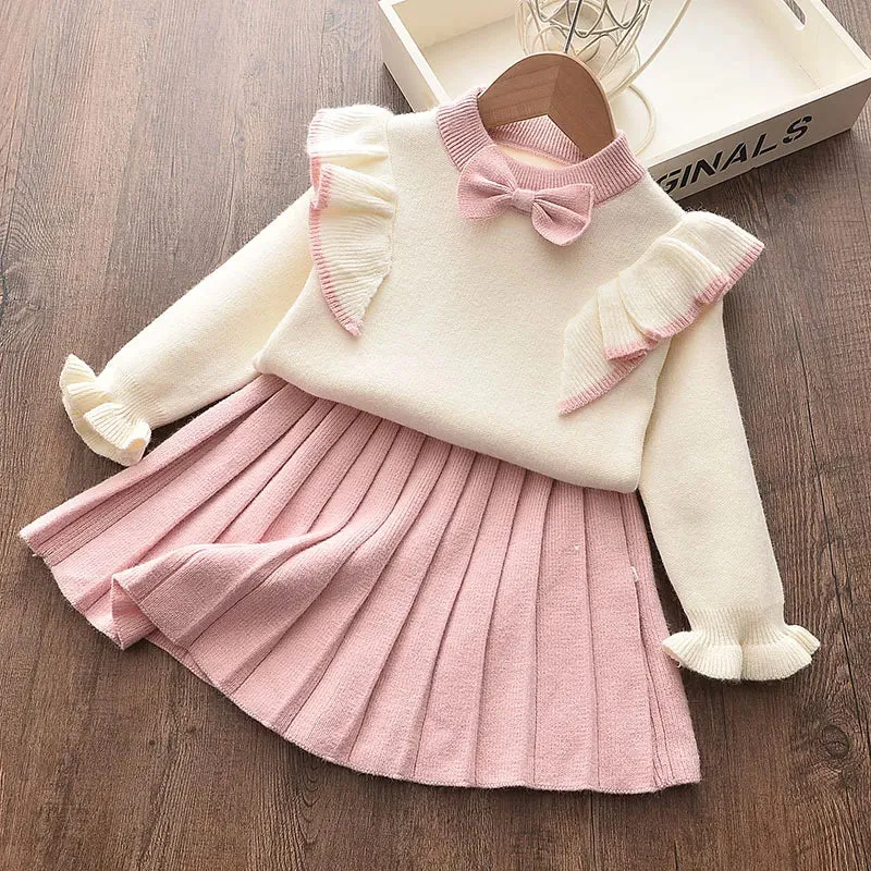 Casual Girls Dress Knitting Kids Suit Winter Long Sleeves Princess Top and Skirt 2pcs Outfits Sweater Kids Clothes