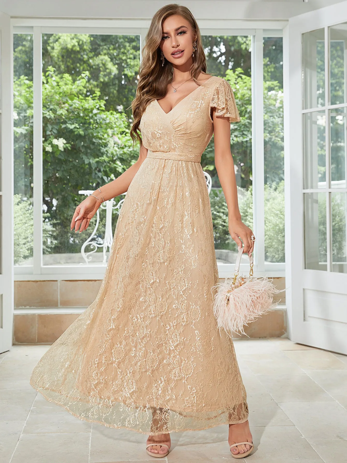 Champagne Long Lace One Shoulder Party Dress