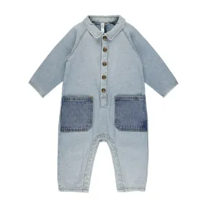 Collared Baby Jumpsuit - Light Washed Denim - Light Blue