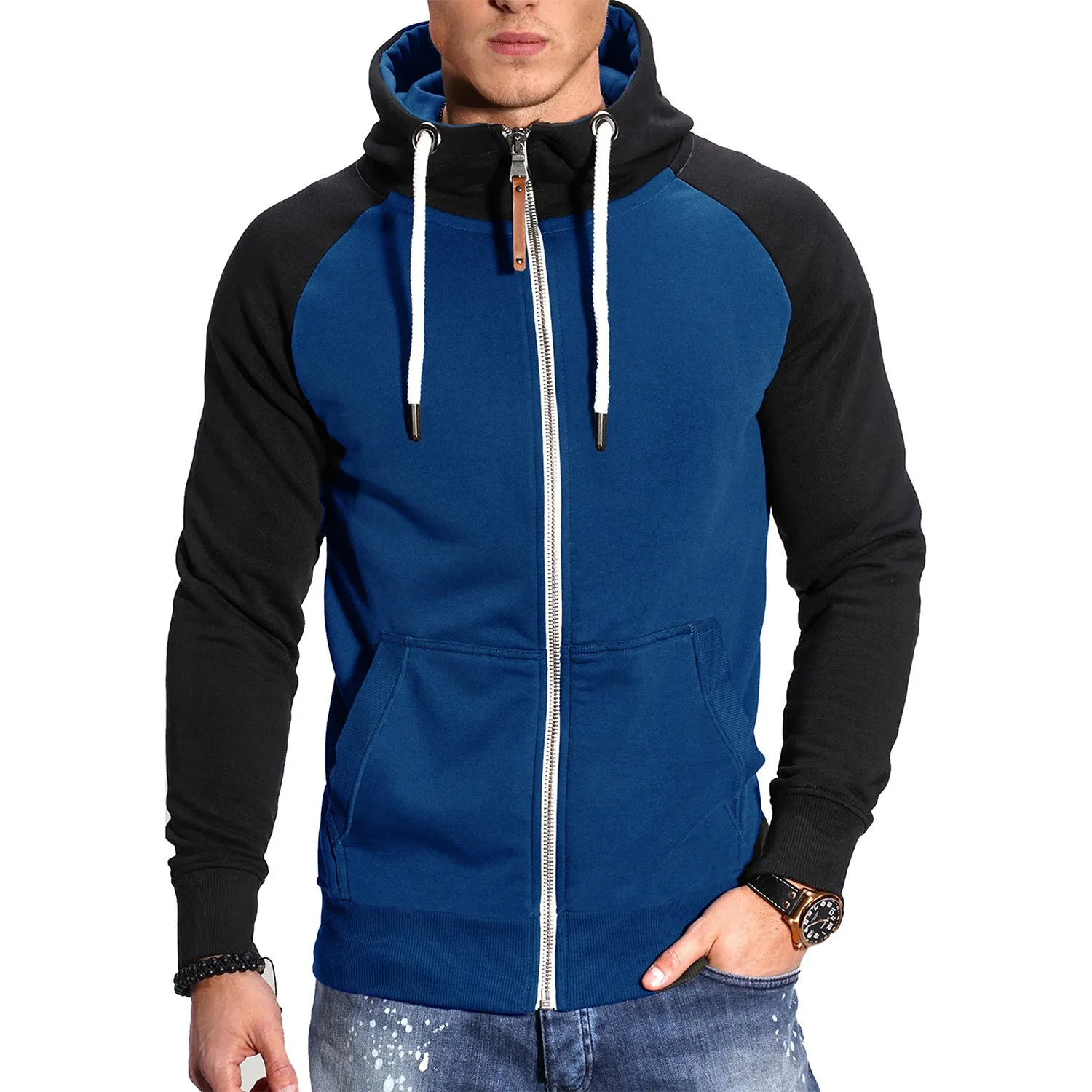 COLOR BLOCKED FITNESS SPORTS MEN'S HOODIE CASUAL FASHION CONTRASTING RAGLAN SLEEVE CARDIGAN TOP