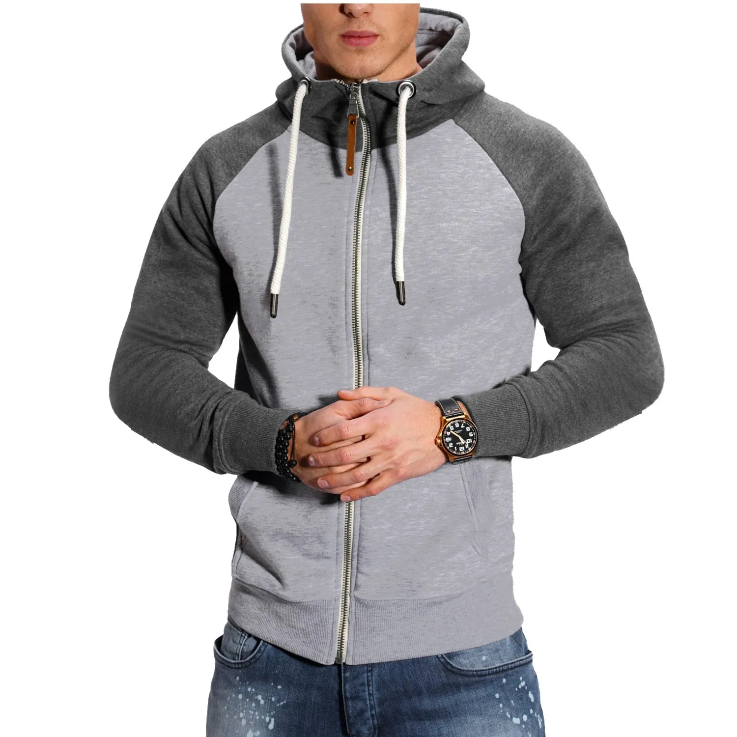 COLOR BLOCKED FITNESS SPORTS MEN'S HOODIE CASUAL FASHION CONTRASTING RAGLAN SLEEVE CARDIGAN TOP