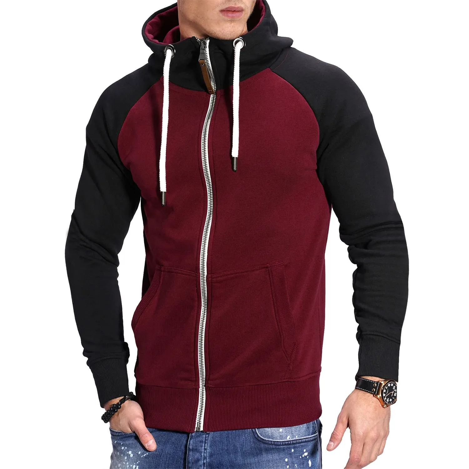 COLOR BLOCKED FITNESS SPORTS MEN'S HOODIE CASUAL FASHION CONTRASTING RAGLAN SLEEVE CARDIGAN TOP