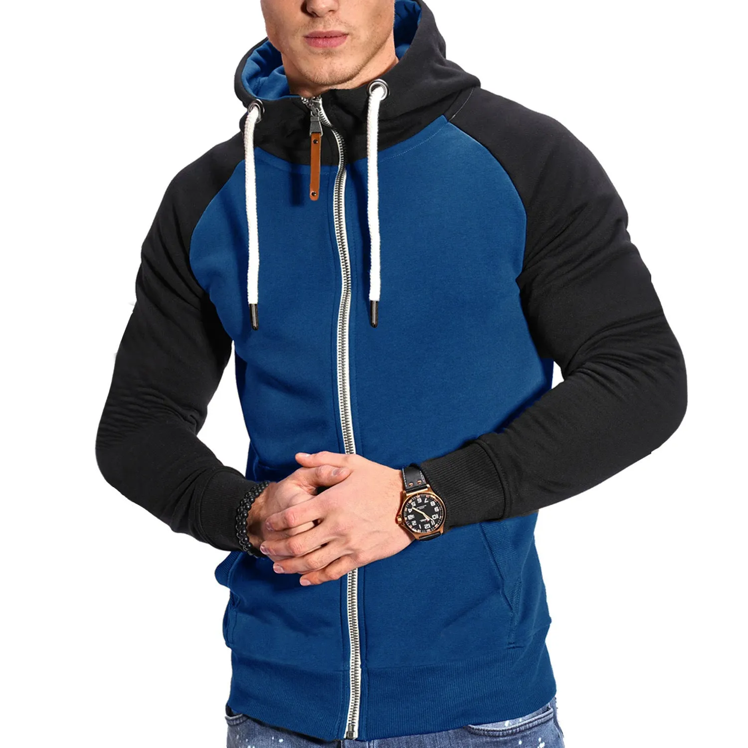 COLOR BLOCKED FITNESS SPORTS MEN'S HOODIE CASUAL FASHION CONTRASTING RAGLAN SLEEVE CARDIGAN TOP