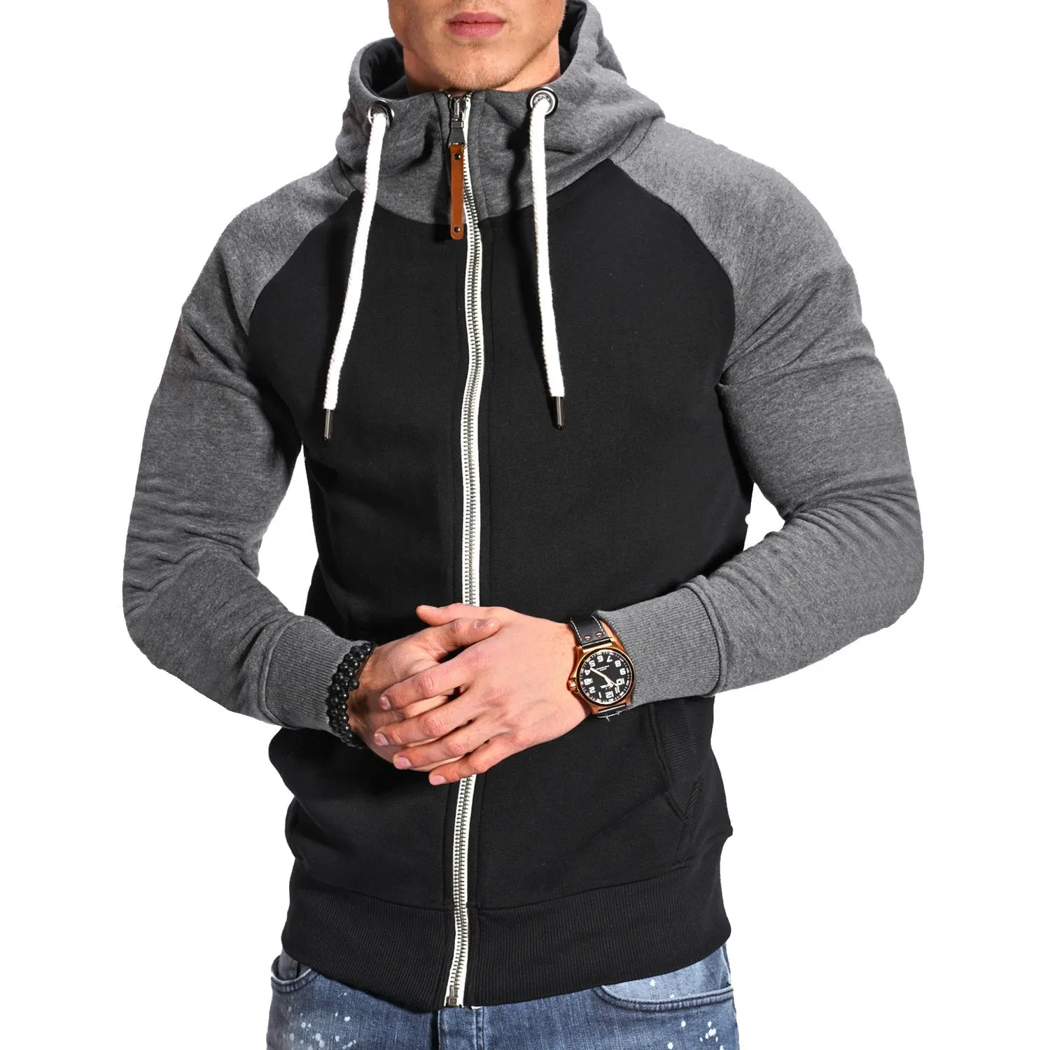 COLOR BLOCKED FITNESS SPORTS MEN'S HOODIE CASUAL FASHION CONTRASTING RAGLAN SLEEVE CARDIGAN TOP